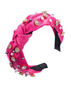 Internet Celebrity Fashion Rhinestone and Pearl Embellished Bowknot Cloth Women Headband - Rose