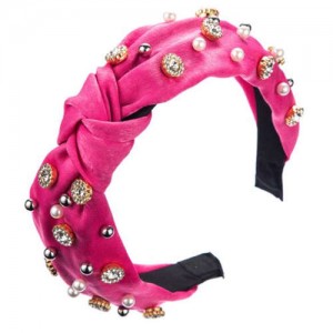 Internet Celebrity Fashion Rhinestone and Pearl Embellished Bowknot Cloth Women Headband - Rose