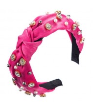 Internet Celebrity Fashion Rhinestone and Pearl Embellished Bowknot Cloth Women Headband - Rose