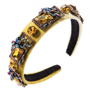 Vintage Royal Fashion Glass Gem Flower Pattern Decorated Flannel Women Headband - Yellow