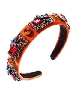 Vintage Royal Fashion Glass Gem Flower Pattern Decorated Flannel Women Headband - Orange