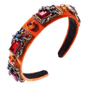 Vintage Royal Fashion Glass Gem Flower Pattern Decorated Flannel Women Headband - Orange