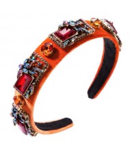 Vintage Royal Fashion Glass Gem Flower Pattern Decorated Flannel Women Headband - Orange