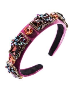 Vintage Royal Fashion Glass Gem Flower Pattern Decorated Flannel Women Headband - Pink