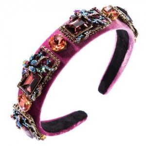 Vintage Royal Fashion Glass Gem Flower Pattern Decorated Flannel Women Headband - Pink
