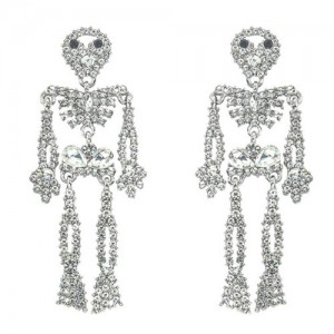 Punk Fashion Skeleton Design Halloween Style Rhinestone Embellished Alloy Earrings - White