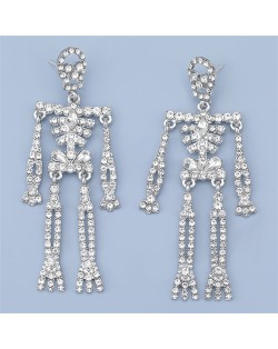 Punk Fashion Skeleton Design Halloween Style Rhinestone Embellished Alloy Earrings - Luminous White