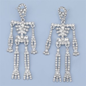 Punk Fashion Skeleton Design Halloween Style Rhinestone Embellished Alloy Earrings - Luminous White