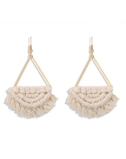 Cotton Threads Hand Weaving Pattern Bohemian Fashion Women Dangling Costume Earrings - White