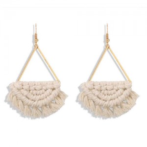 Cotton Threads Hand Weaving Pattern Bohemian Fashion Women Dangling Costume Earrings - White
