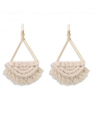 Cotton Threads Hand Weaving Pattern Bohemian Fashion Women Dangling Costume Earrings - White