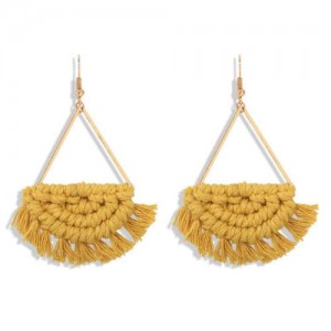 Cotton Threads Hand Weaving Pattern Bohemian Fashion Women Dangling Costume Earrings - Yellow