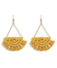 Cotton Threads Hand Weaving Pattern Bohemian Fashion Women Dangling Costume Earrings - Yellow