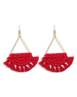 Cotton Threads Hand Weaving Pattern Bohemian Fashion Women Dangling Costume Earrings - Red