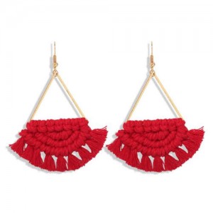 Cotton Threads Hand Weaving Pattern Bohemian Fashion Women Dangling Costume Earrings - Red