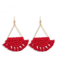 Cotton Threads Hand Weaving Pattern Bohemian Fashion Women Dangling Costume Earrings - Red