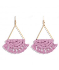Cotton Threads Hand Weaving Pattern Bohemian Fashion Women Dangling Costume Earrings - Violet