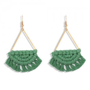 Cotton Threads Hand Weaving Pattern Bohemian Fashion Women Dangling Costume Earrings - Green