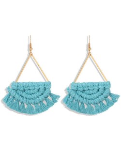 Cotton Threads Hand Weaving Pattern Bohemian Fashion Women Dangling Costume Earrings - Blue