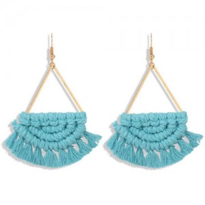 Cotton Threads Hand Weaving Pattern Bohemian Fashion Women Dangling Costume Earrings - Blue