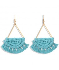 Cotton Threads Hand Weaving Pattern Bohemian Fashion Women Dangling Costume Earrings - Blue