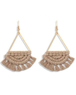 Cotton Threads Hand Weaving Pattern Bohemian Fashion Women Dangling Costume Earrings - Khaki