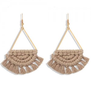 Cotton Threads Hand Weaving Pattern Bohemian Fashion Women Dangling Costume Earrings - Khaki