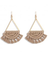 Cotton Threads Hand Weaving Pattern Bohemian Fashion Women Dangling Costume Earrings - Khaki