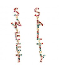 Asymmetric Design Colorful Rhinestone Alphabets High Fashion Women Dangling Costume Earrings