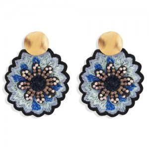 Embroidery Flower Traditional Design High Fashion Women Stud Earrings - Black