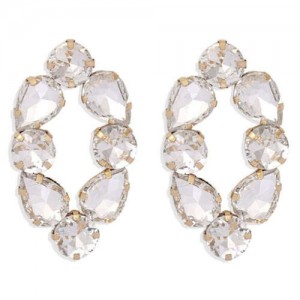 Baroque Fashion Rhinestone Shining Color Style Women Hoop Earrings - White