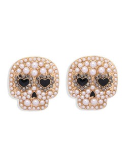 Heart Eyes Skull Design Halloween Fashion Women Stud Earrings - Pearl