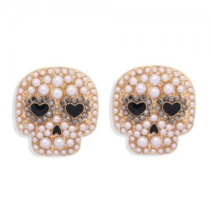 Heart Eyes Skull Design Halloween Fashion Women Stud Earrings - Pearl