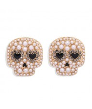 Heart Eyes Skull Design Halloween Fashion Women Stud Earrings - Pearl