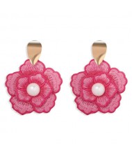 Pearl Centered Embrodiary Vintage Flower Design High Fashion Women Stud Earrings - Pink