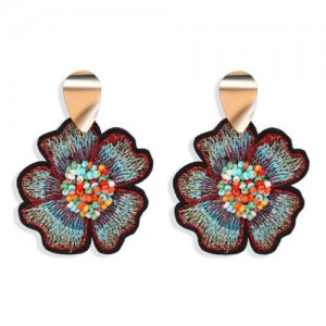 Beads Inlaid Embrodiary Flower Fashion Women Earrings - Multicolor