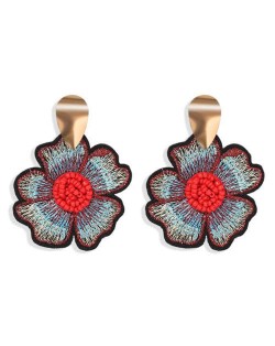 Beads Inlaid Embrodiary Flower Fashion Women Earrings - Red