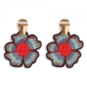 Beads Inlaid Embrodiary Flower Fashion Women Earrings - Red