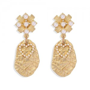 Pearl Heart Decorated Golden Leaves Fashion Women Statement Earrings
