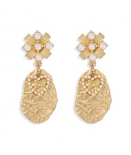 Pearl Heart Decorated Golden Leaves Fashion Women Statement Earrings