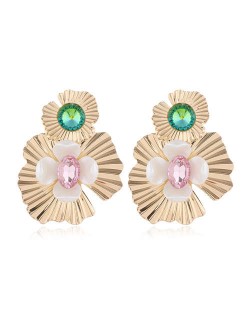 Resin Gem Inlaid Golden Flowers Design Alloy Women Costume Earrings - Green and Pink
