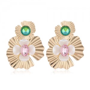 Resin Gem Inlaid Golden Flowers Design Alloy Women Costume Earrings - Green and Pink