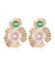 Resin Gem Inlaid Golden Flowers Design Alloy Women Costume Earrings - Green and Pink