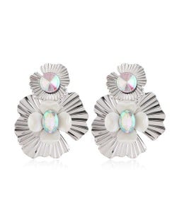 Resin Gem Inlaid Silver Flowers Design Alloy Women Costume Earrings - Luminous Colorful