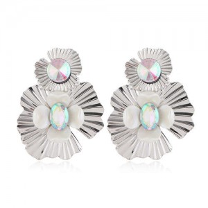 Resin Gem Inlaid Silver Flowers Design Alloy Women Costume Earrings - Luminous Colorful