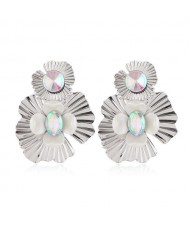 Resin Gem Inlaid Silver Flowers Design Alloy Women Costume Earrings - Luminous Colorful