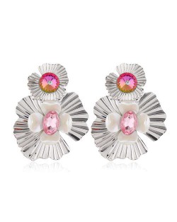 Resin Gem Inlaid Silver Flowers Design Alloy Women Costume Earrings - Pink