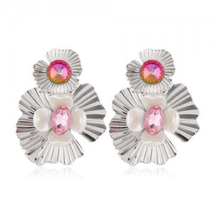 Resin Gem Inlaid Silver Flowers Design Alloy Women Costume Earrings - Pink