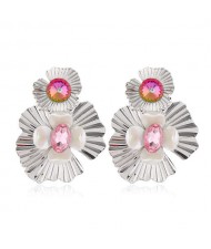 Resin Gem Inlaid Silver Flowers Design Alloy Women Costume Earrings - Pink