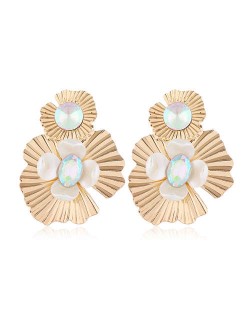 Resin Gem Inlaid Golden Flowers Design Alloy Women Costume Earrings - Luminous Colorful